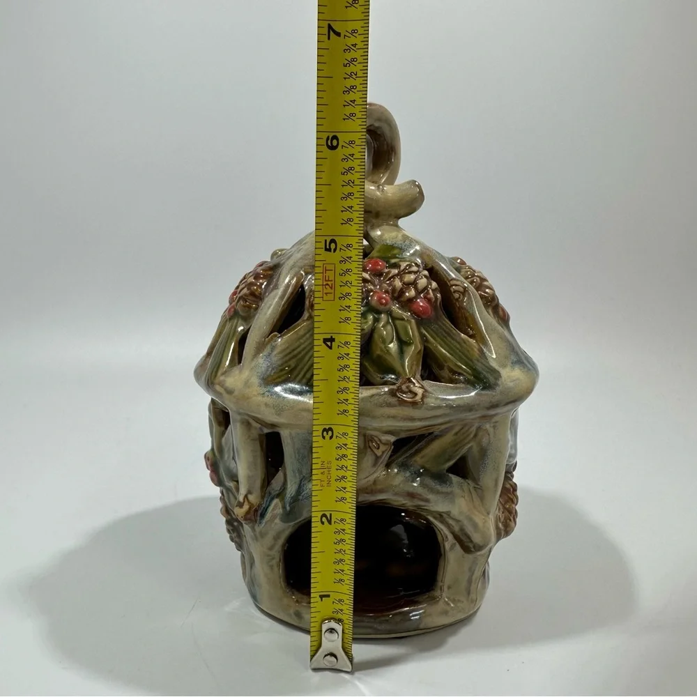 Vintage Hanging Holly Pinecone Holiday Winter Christmas Candle Holder Ceramic